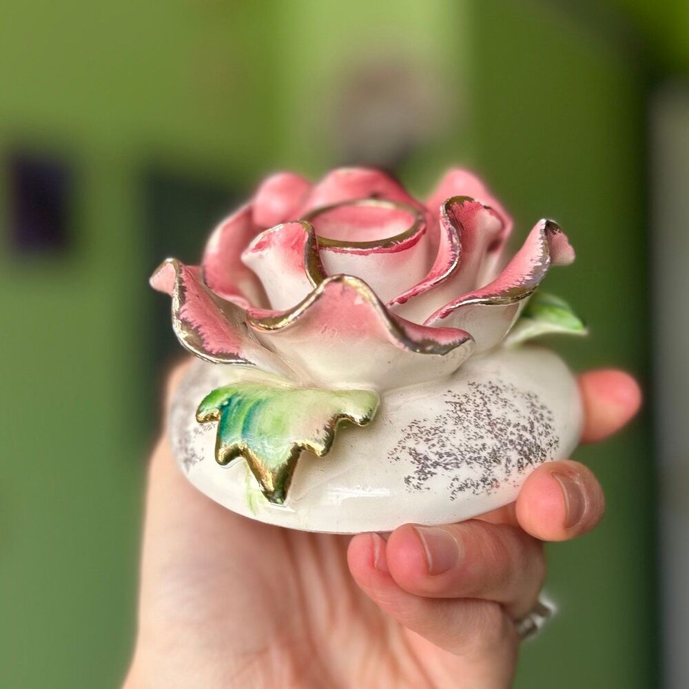 ❌SOLD 3D Pink Floral Rose Dainty Candlestick Holder Art Accent - Picture 3 of 12